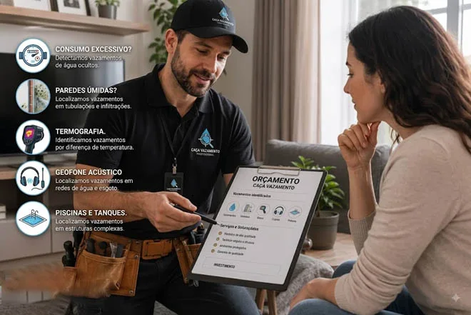 Técnico da TH Serviços - Caça Vazamento 24h atendendo cliente